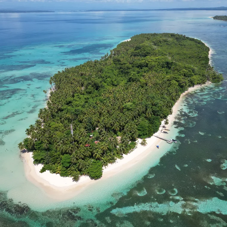 An island ringed by white sand and reef, from the air