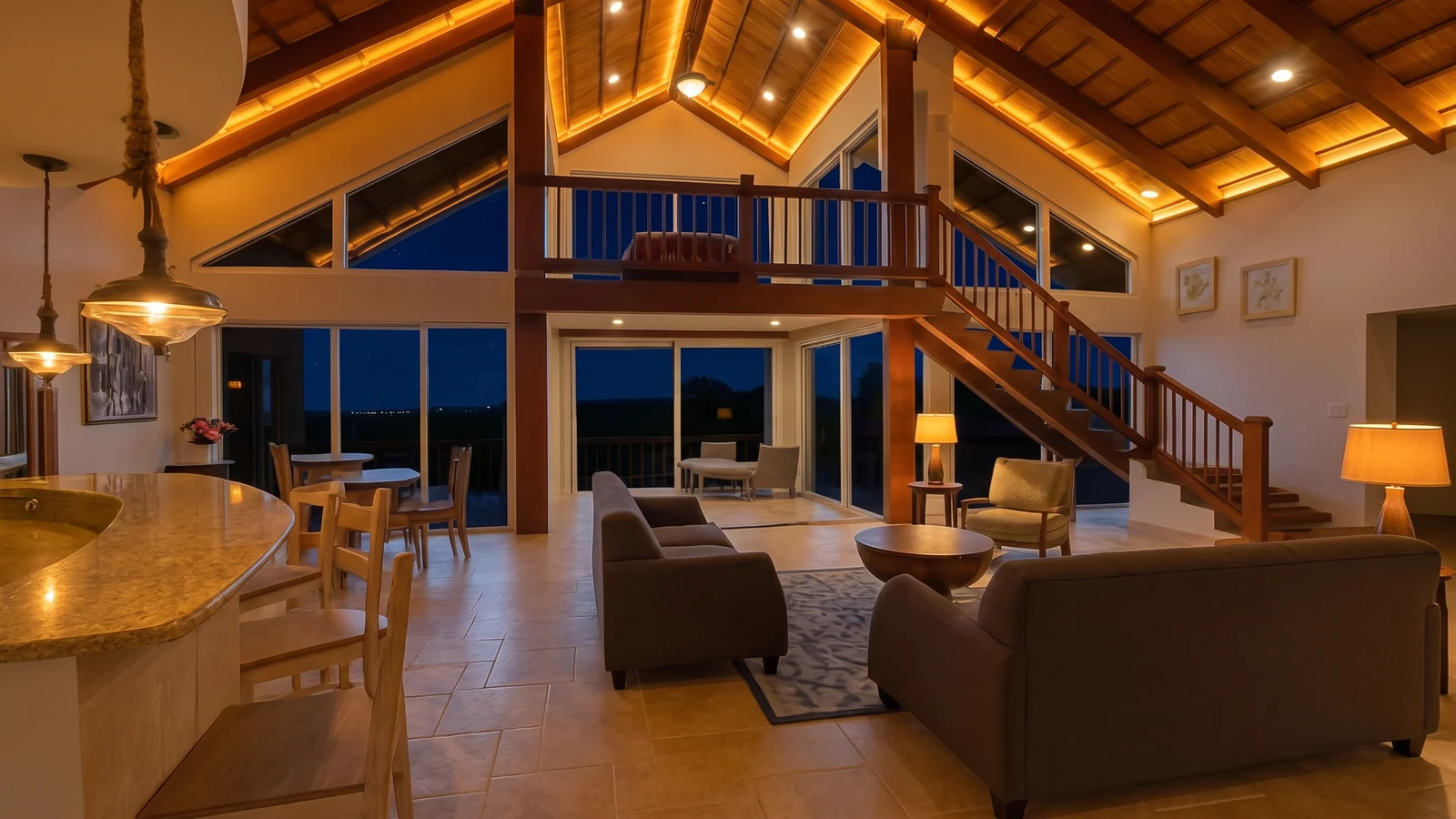 The great room after dark, lit from within
